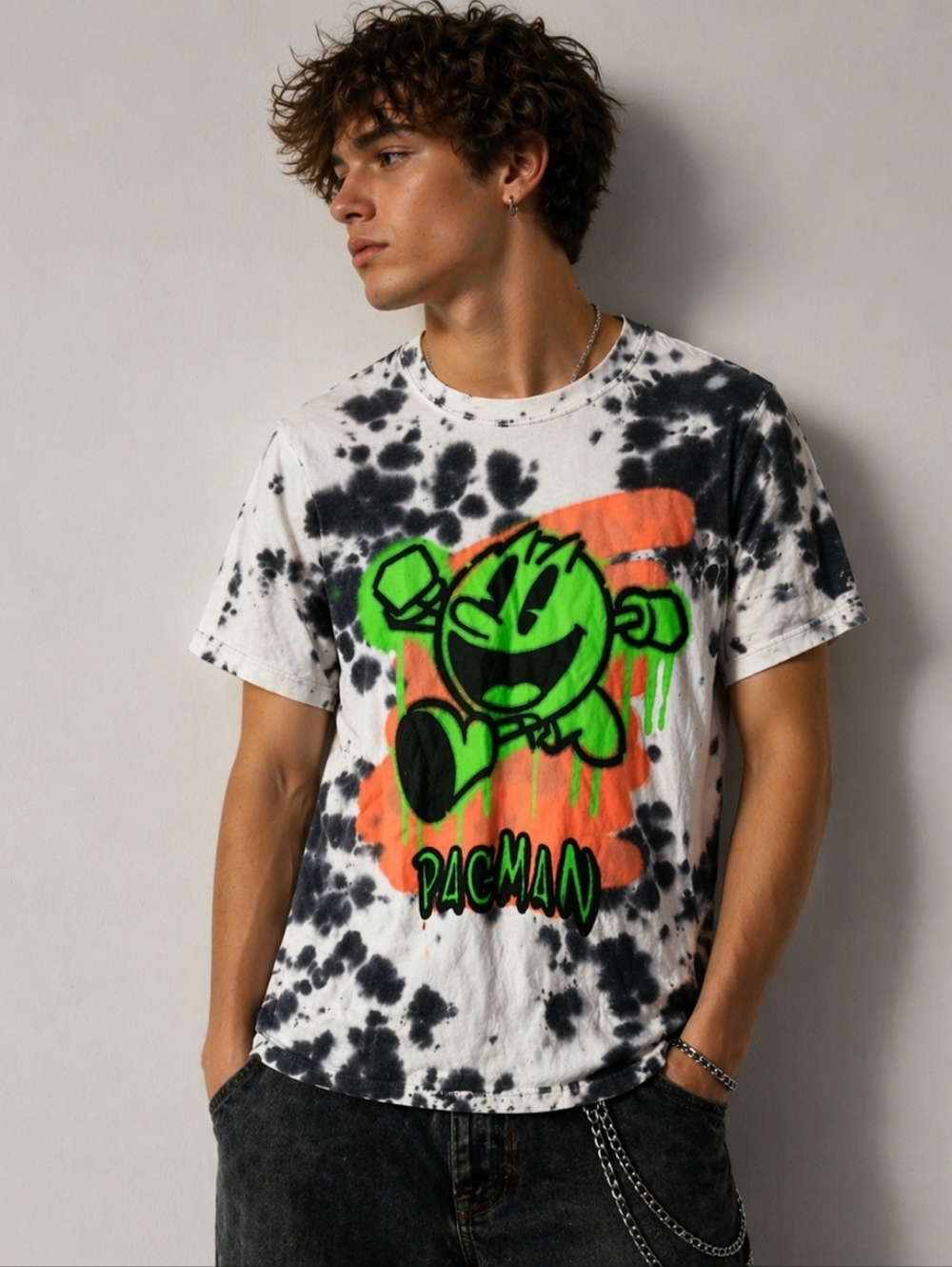 Pac-Man Graphic Tie-Dye Tee White Black with Neon Green & Orange Graffiti Small